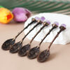 Vintage Floral Brass Teaspoon Set with Amethyst Handles – Elegant Crystal Stirring Spoons (5 pcs)