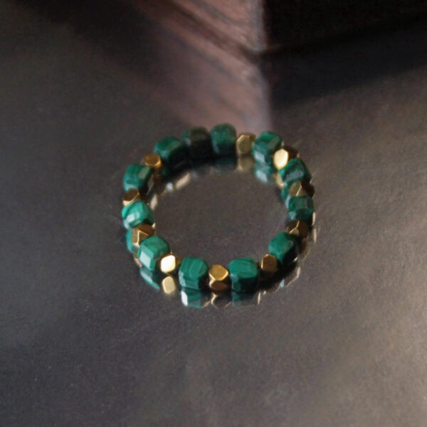 Faceted Malachite and Gold Beaded Ring——Natural Healing Stone