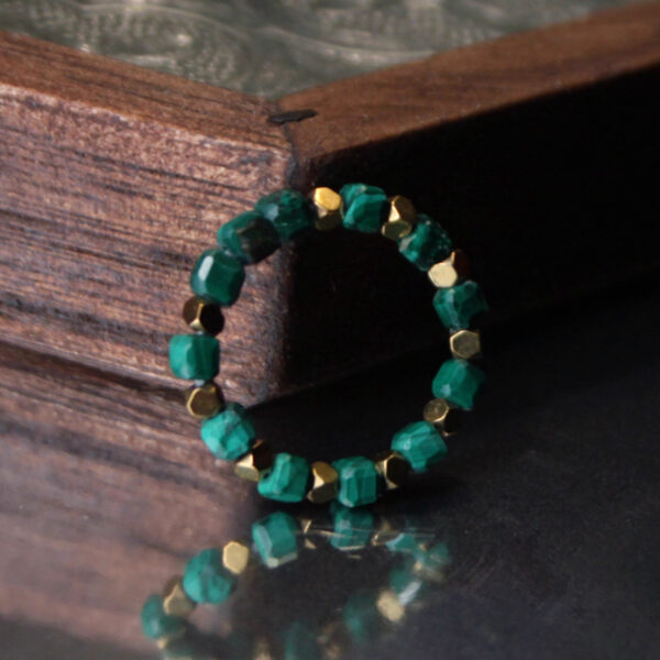 Faceted Malachite and Gold Beaded Ring——Natural Healing Stone