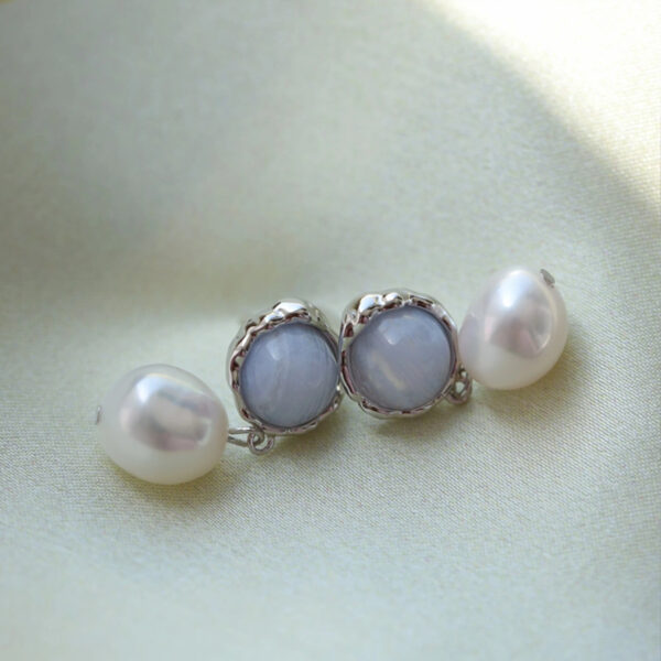 Whispers of Blue——Blue Lace Agate & Pearl 925 Silver Vintage Dangle Earrings