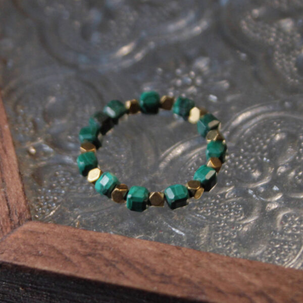 Faceted Malachite and Gold Beaded Ring——Natural Healing Stone