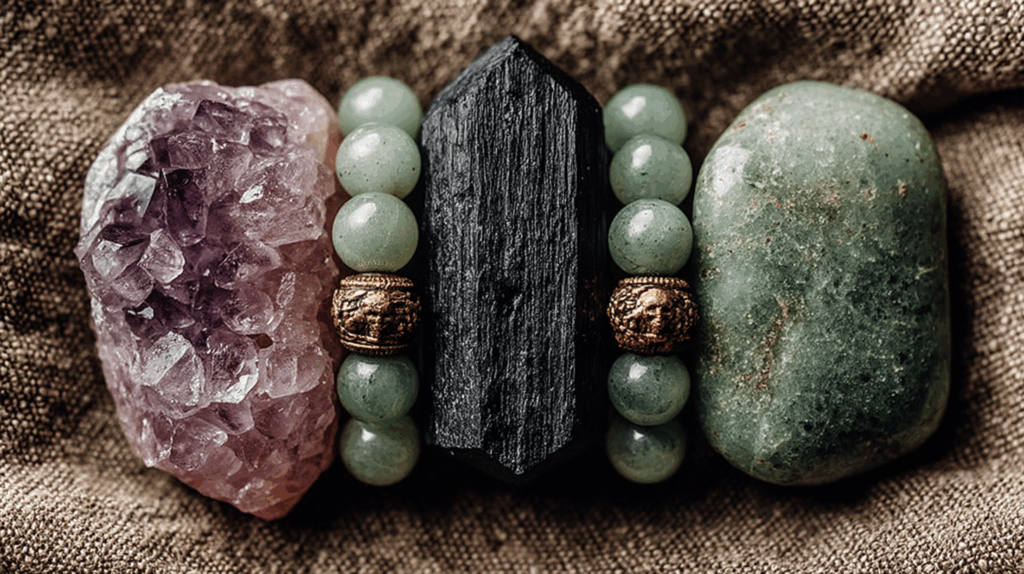 Crystal Bracelet Stacking: Elevate Your Style and Spirit 4 nimmble0570 A clean overhead shot of Black Tourmaline Amethyst 41af1501 f4e0 42d2 9246 969b3acfed7e