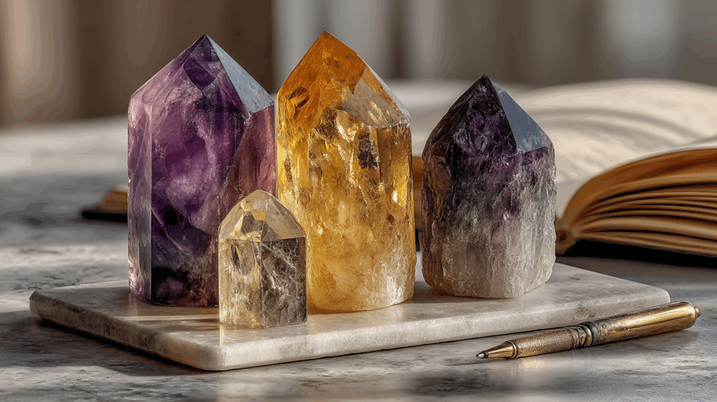 🌿 Daily Self-Healing: Three Easy Ways to Incorporate Phantom Quartz into Your Life 4 nimmble0570 A minimalist still life of assorted beginner crysta d7589962 7624 4f1e 8a8f 566b144532cc 1