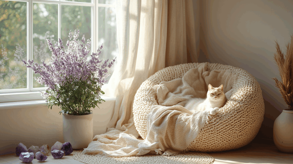 Crystal Healing for Pets: 7 Powerful Wellness Tips to Try 2 nimmble0570 A serene pet corner with a round bed soft blanket a 2f7daf30 f542 46e4 8873 8d46709d805e