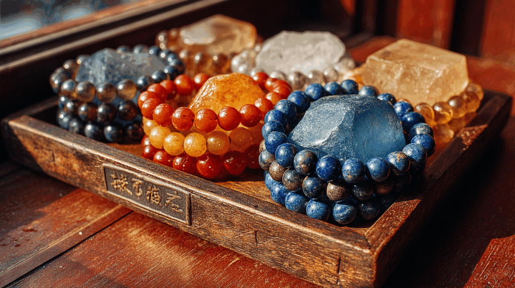 Crystal Bracelet Stacking: Elevate Your Style and Spirit 3 nimmble0570 A wooden tray holding Clear Quartz Carnelian and La 067ff721 d2f6 49bd 898a 931f110a5168