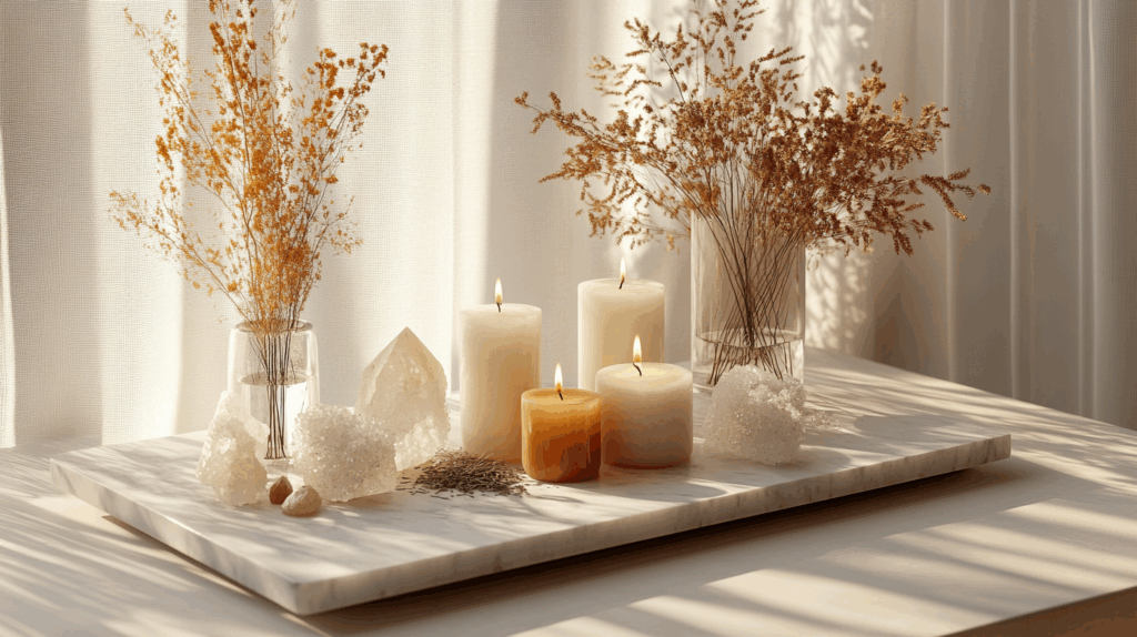 Elevate Your Full Moon Practice with Phantom Quartz for Stress Relief 4 nimmble0570 An altar setup with crystals candles and dried herb feb17716 0c31 4f75 9bb4 07bf90e7b877