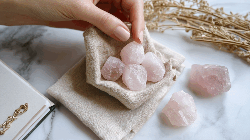 Anxiety Soothing Crystals: Unleash Lasting Inner Peace Now 4 nimmble0570 Hand placing rose quartz into a small cloth pouch n 9adc07c9 12b7 458f b26e 1692dbe74d6c