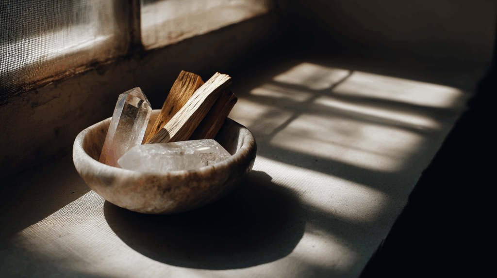 Elevate Your Full Moon Practice with Phantom Quartz for Stress Relief 3 pazzle0933 Phantom Quartz resting in a bowl with white sage and 5733f96b 80e0 405d a87f 86d6885f5ffc 1024x574 1