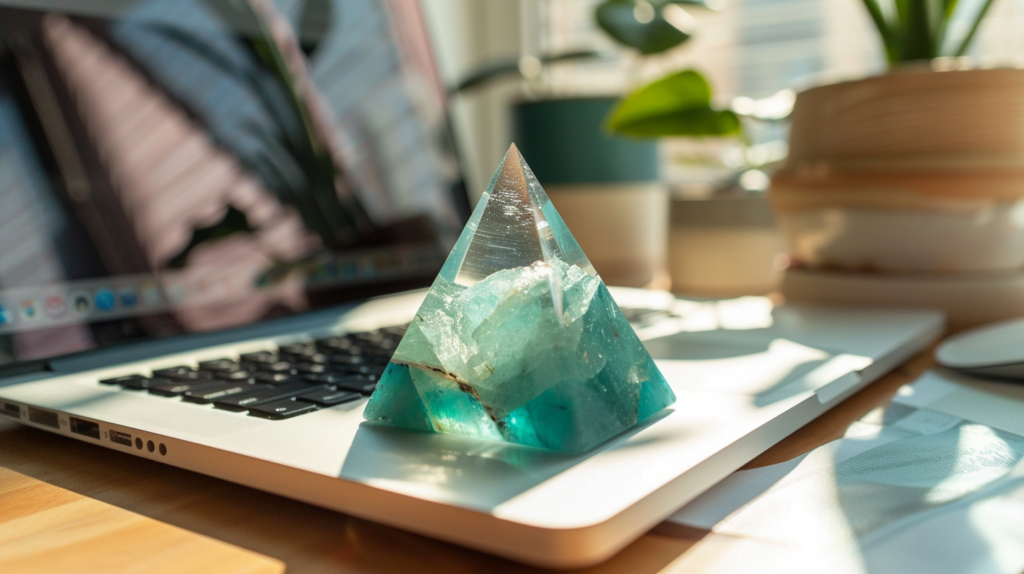 Anxiety Soothing Crystals: Unleash Lasting Inner Peace Now 2 popka240015 Teal amazonite crystal pyramid standing on modern l 726a8169 9078 4c3c a511 5b3c59f74055 1024x574 1