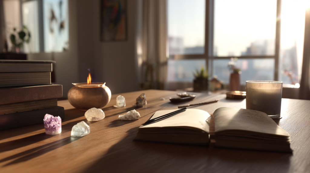 Healing Crystals for Home: Transform Your Space and Spirit 2 popka240015 a wide angle view of a tidy desk setup with crystal 428fa339 7010 433a bfb7 67d34326e987 1 1024x574 1