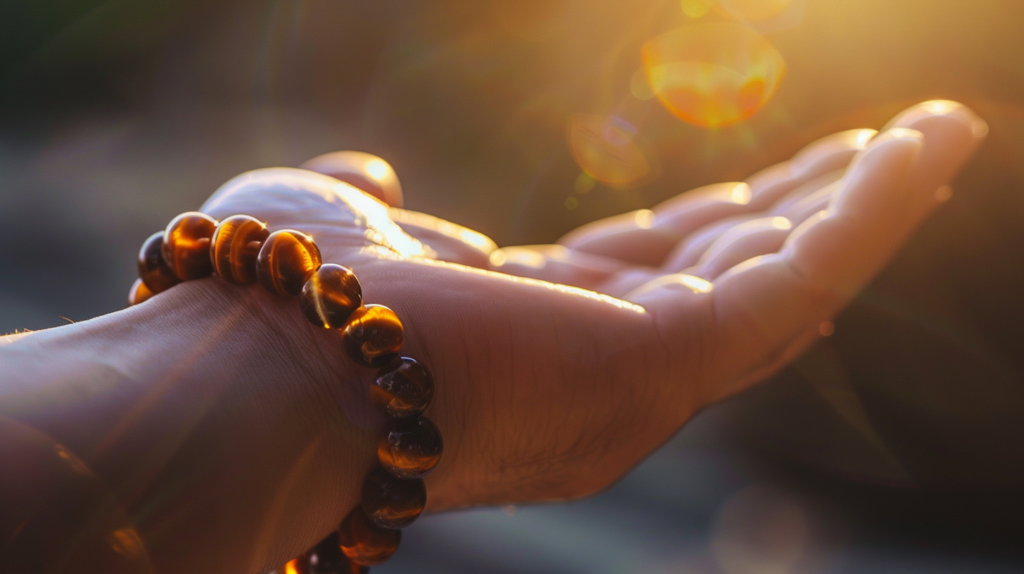 Tiger’s Eye Guide to Unlocking Focus and Confidence 2 popka240015 hand wearing Tigers Eye bracelet reaching toward su a4b24676 04ab 49e9 a879 fd3afdf15443 1 1024x574 1