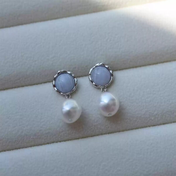 Whispers of Blue——Blue Lace Agate & Pearl 925 Silver Vintage Dangle Earrings