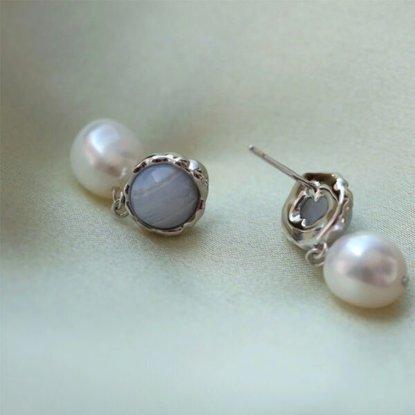 Whispers of Blue——Blue Lace Agate & Pearl 925 Silver Vintage Dangle Earrings
