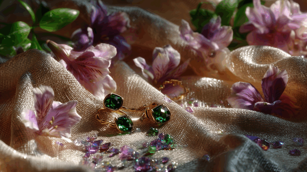 🌿 Spring’s Emerald Glow: How to Style Emerald Jewelry This May 3 nimmble0570 a soft neutral linen fabric draped with emerald stu b91e6b31 adc8 4068 9596 52f32c0d9cb9