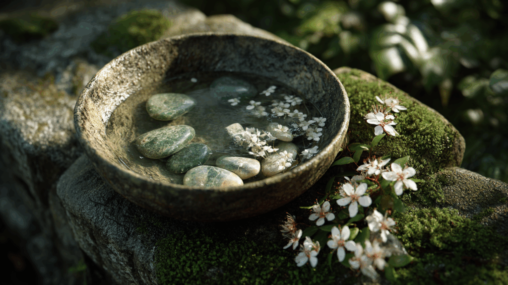 Moss Agate Spring Ritual 2025: Renew Energy in Your Garden 3 sintkeinkka A clean ceramic bowl of spring water with Moss Agat 4545c381 bf7a 4cbe b32b 541591d595fe