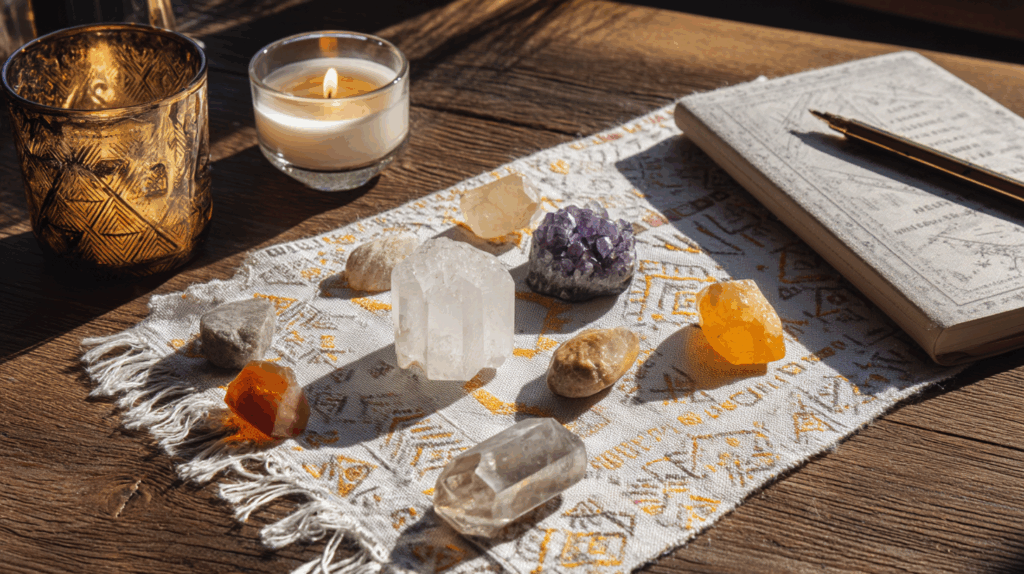 Amethyst Unveiled: 5 Hidden Energies That Can Transform Your Life 4 sintkeinkka A flat lay of crystal grid setup on a wooden table aa556c84 344c 4feb bdc1 9907fd366061