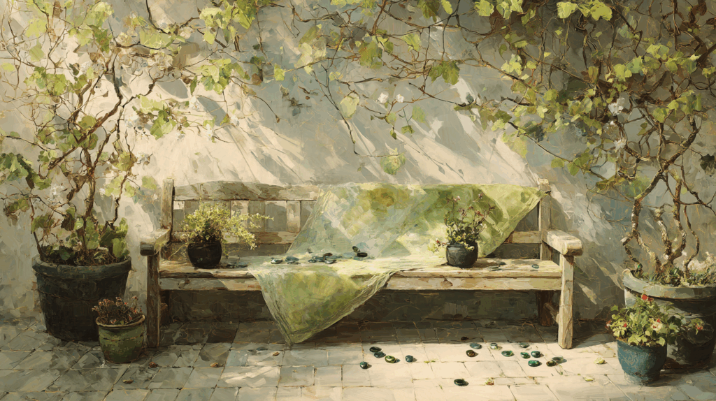 sintkeinkka A tidy wooden garden bench with green and white Mos 284f61e8 cb49 4840 90e1 684a48af8181