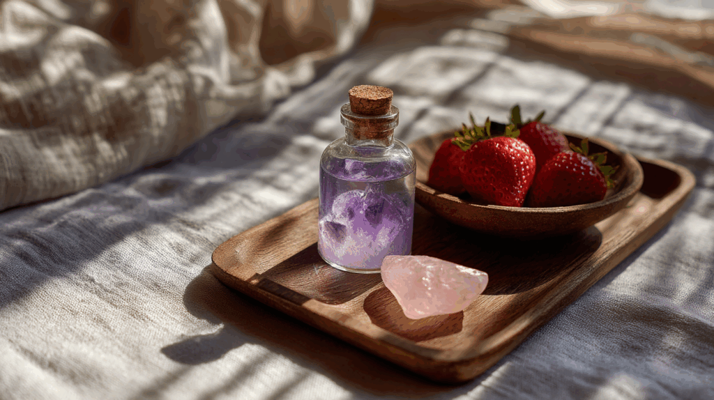 Crystal Travel Guide: Protect Your Energy on Every Summer Adventure 3 sintkeinkka Overhead lifestyle shot of wooden tray glass bottle 95de3e83 a784 436c 843f 98ac60acf6b6