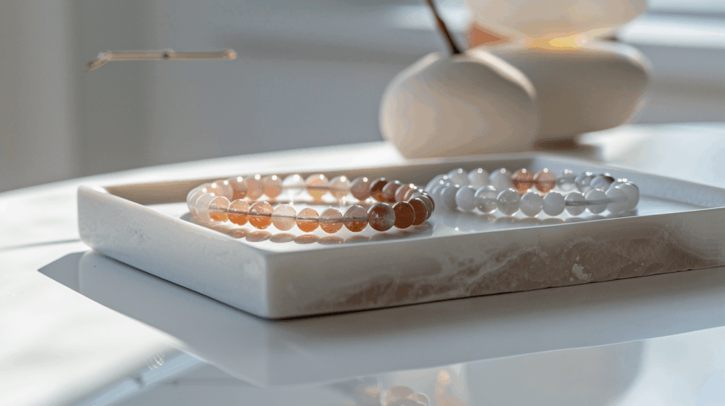 Crystal Midsummer Energy: 7 Crystal Bracelet Matching Inspirations 4 sintkeinkka sunstone and moonstone bracelets placed separately 916c932a fcd8 4ed2 8ab3 11472830bc22