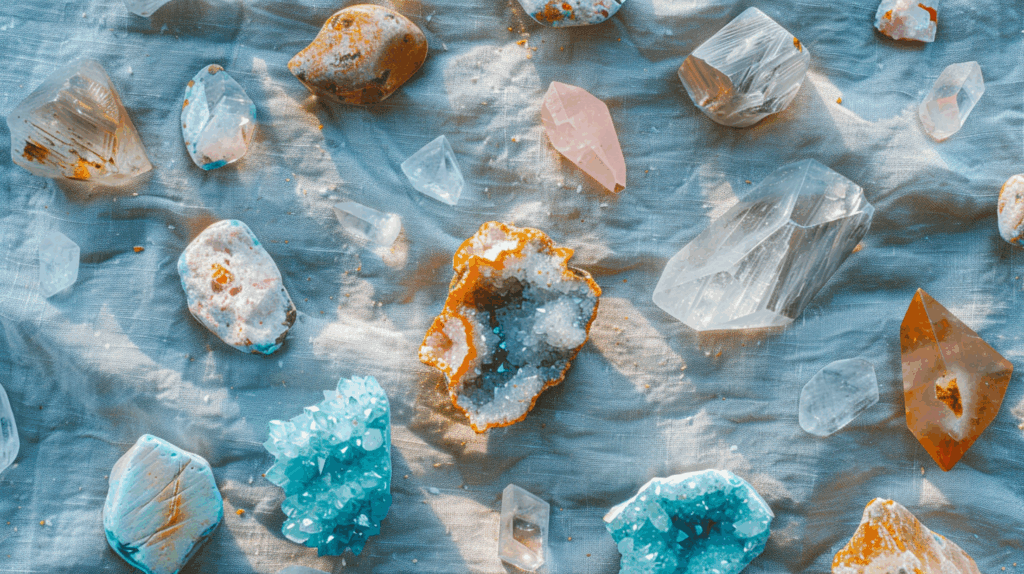 The Best Summer Crystals You’ve Never Heard Of (But Need Now) 3 sintkeinkka top down flat lay of turquoise larimar pink opal or 88149be1 bc67 4ddf 8a62 c07274082281