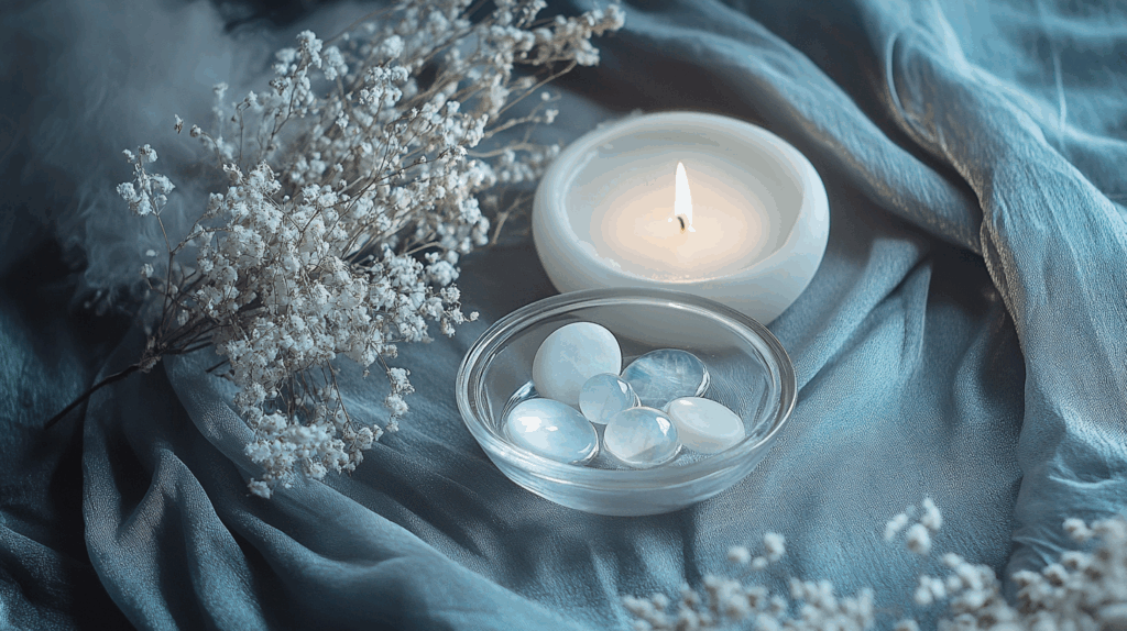 How to Meditate with Moonstone for Inner Wisdom This June 4 boynextdoor0845 A calming moon altar setup with a white candle 5a39894e 584f 4766 be60 4e26eb3d2e71