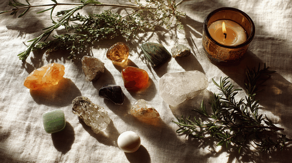 June Crystal Magic: Your Essential Guide to Midsummer Energy 3 brandoni0438 A bright sunlit flatlay of midsummer themed crysta cefa4109 6251 4a51 a0d0 897c793ee399