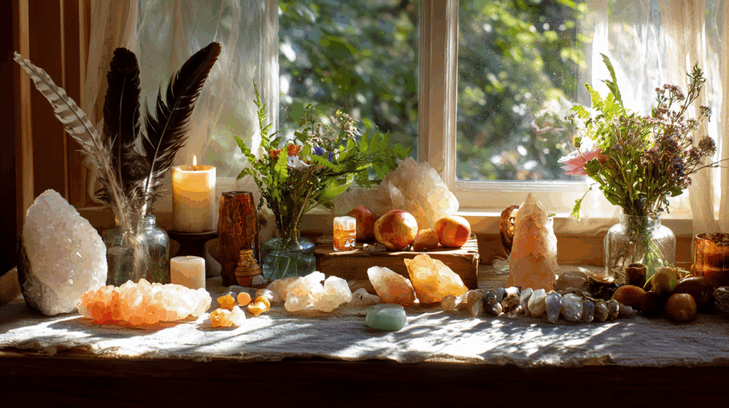 June Crystal Magic: Your Essential Guide to Midsummer Energy 4 brandoni0438 An altar setup featuring sunstone citrine pearl mo 9ee57c26 d30a 46f9 8524 6f3f77e2d2e1 1